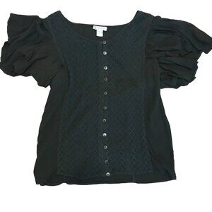 Just Cruising Women's Black Flutter Sleeve Boho Button-up Blouse One Size Beachy